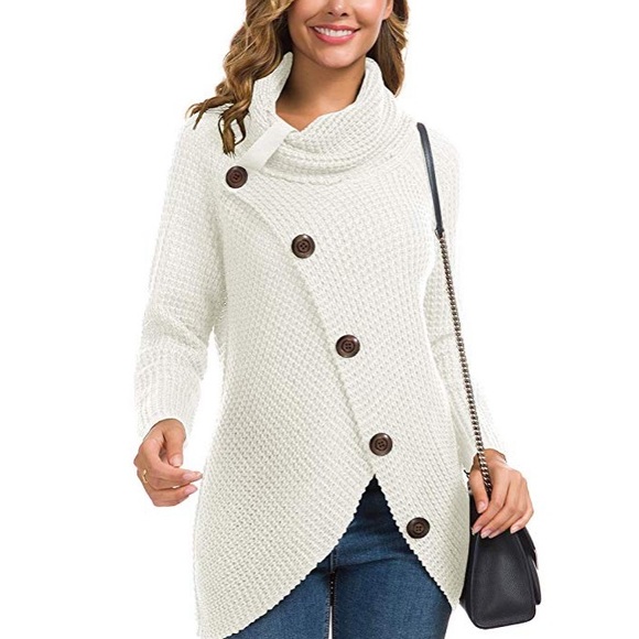 Women's Turtle Cowl Neck Button wrap sweater - Picture 3 of 6